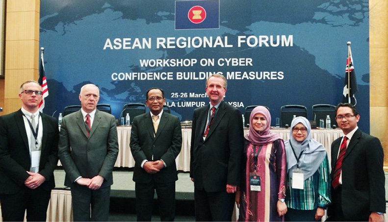 Assistant Secretary John Quinn (fourth right) and Director Cyber Policy Section Henry Fox (second left) with ASEAN officials at the Regional Forum Workshop on Cyber Confidence Building Measures, Kuala Lumpur, 26 March 2014. [DFAT]