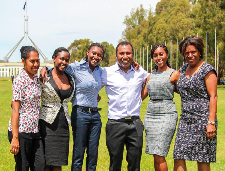 Australia Award recipients. Left to right: Napae Ipave Hurim (PNG), Norah Ngeny (Kenya), Judy Nyokabi Maina (Kenya), Ronald Sofe (PNG), Zuwena Mohamed Kikoti (Tanzania) and Vini Talai (PNG), Canberra, 11 June 2014