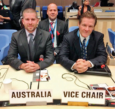 Ambassador and Permanent Representative to the United Nations in Geneva, Peter Woolcott (right), LES Health Adviser, Timothy Poletti (centre), and Youth Representative, James Gray, attend the 33rd UNAIDS Programme Coordinating Board meeting, Geneva, 17–19 December 2013