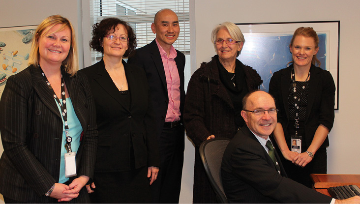 IMD–ASNO Team: Left to right: Tracey Jolly (IMD), Dr Josy Myer (ASNO), Meng Ngai (IMD), Anne Charlton (IMD), Kearyn Ferguson (ASNO), and Dr Robert Floyd (Director General ASNO). [DFAT]