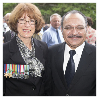 High Commissioner to Papua New Guinea, Deborah Stokes, with PNG Prime Minister, the Hon. Peter O'Neill CMG, Anzac Day, Port Moresby, 2014. [DFAT]