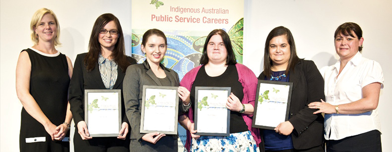 Graduates with departmental colleagues at the 2013 APSC Graduation for Indigenous Graduates, Cadets and Trainees, Canberra, 12 December 2013. Left to right: Tanya Bennett, Alicia Smith, Lindsey Sanger, Kyara Simpson, Lakeisha Finn and Sharon Burke. [APS Commission]