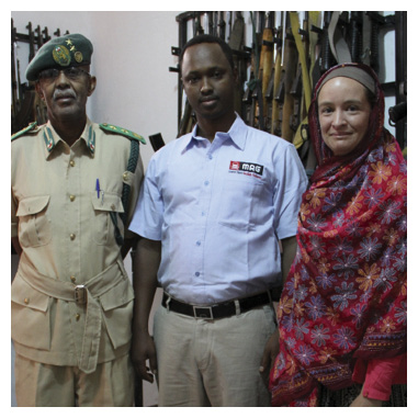 Second Secretary in Nairobi, Emily Rainey (right), with Somaliland Correctional Corps Deputy Commissioner and Mines Advisory Group (MAG) Manager, inspecting an armoury, Hargeisa, Somalia, 9 June 2014. Australia has supported MAG’s construction of 11 armouries in Somalia to help police keep weapons secure. [DFAT]