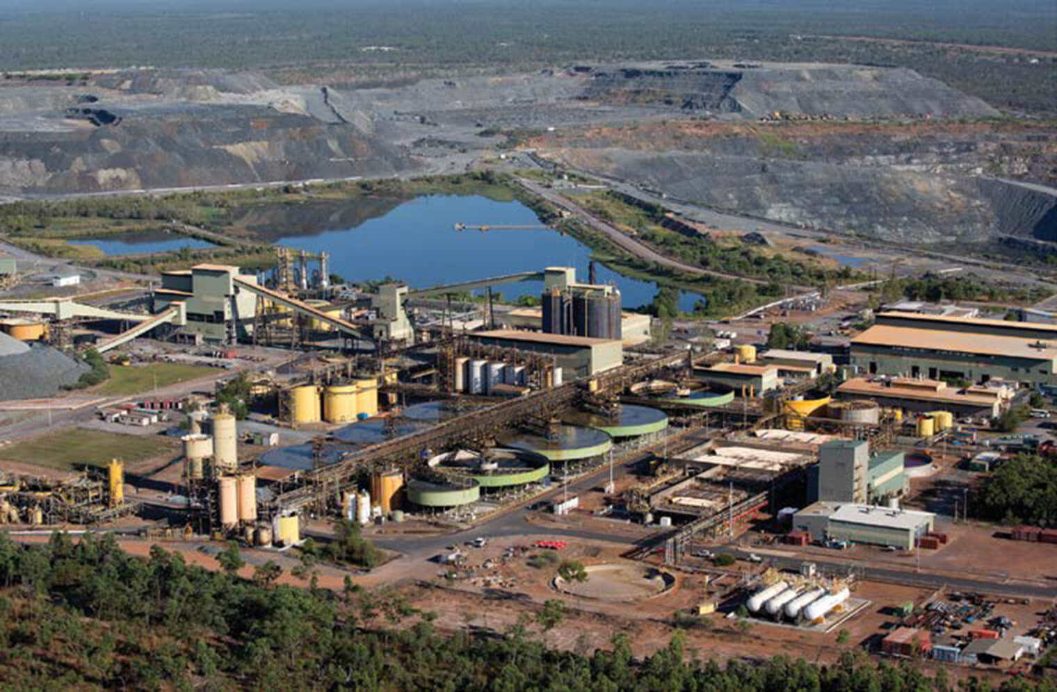 Ranger Mine processing facilities: An aerial view of the Ranger Mine during operation showing the processing facilities in the foreground and the stockpiles in the background. (Courtesy ERA, https://www.energyres.com.au/media/gallery/)
