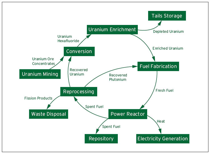 Uranium mining eventually produces uranium ore concentrates. This leads to
Conversion. This process sends uranium hexafluoride for Uranium Enrichment. From here, depleted uranium can be siphoned off as Tails Storage. Enriched uranium is sent for Fuel Fabrication. This produces fresh fuel for a Power Reactor. From there, heat is given off for Electricity Generation.  Spent fuel is sent to one of two places: a Repository or Reprocessing. From reprocessing, fission products are sent for Waste Disposal. Recovered plutonium can be put back into the cycle at Fuel Fabrication. Recovered uranium can go back to Conversion.