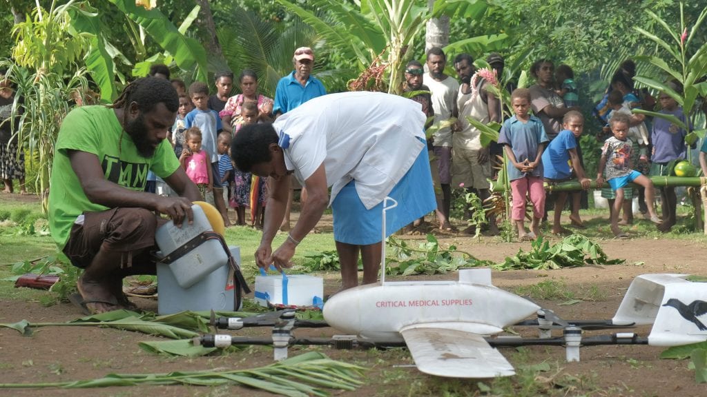 Registered nurse Miriam Nampil receiving the first vaccine delivered by drone to Cook’s Bay, Vanuatu [UNICEF]