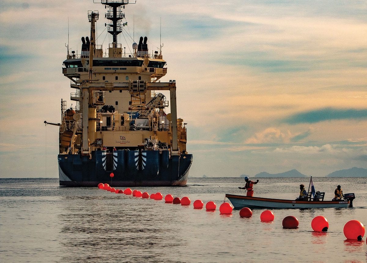 Cable-laying vessel Ile de Brehat commencing the Coral Sea cable lay in Honiara [DFAT/Qoriniasi Jr. Bale]