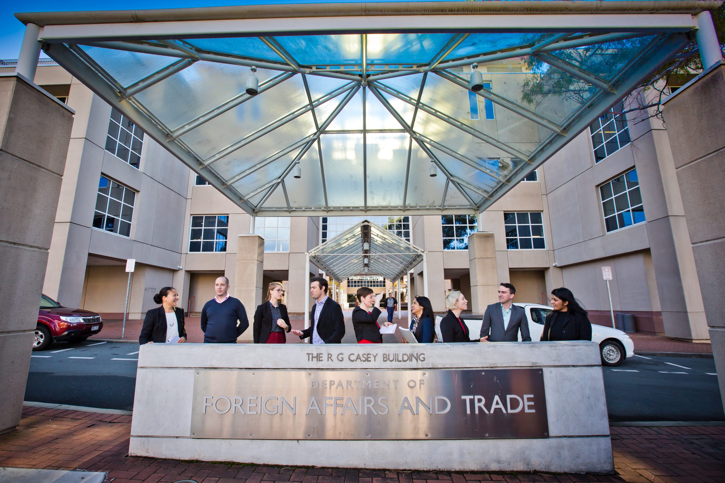 Staff outside the Department of Foreign Affairs and Trade building in Canberra. [GILIMBAA/David Williams]
