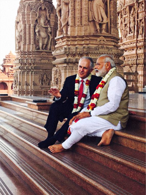 Prime Minister Malcom Turnbull sitting with Indian Prime Minister Narendra Modi at the Akshardham Temple, New Delhi. [DFAT/Jenny Grant-Curnow]