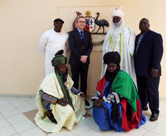 High Commissioner to Nigeria Paul Lehmann welcoming His Royal Highness The Emir of Jiwa, Alhaji Musa Idris and retinue to the Australian High Commission in Abjua. [DFAT/Hope Ayabina]