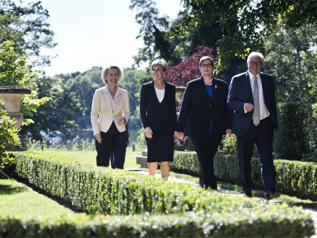Minister for Foreign Affairs Julie Bishop with Defence Minister Marise Payne, German Foreign Minister Frank-Walter Steinmeier and German Defence Minister Ursula von der Leyen in the garden of the Guest House of the German Foreign Office, the Villa Borsig, in Berlin, in a break of the 2+2 consultations. [PHOTOTEK/Michael Gottschalk]