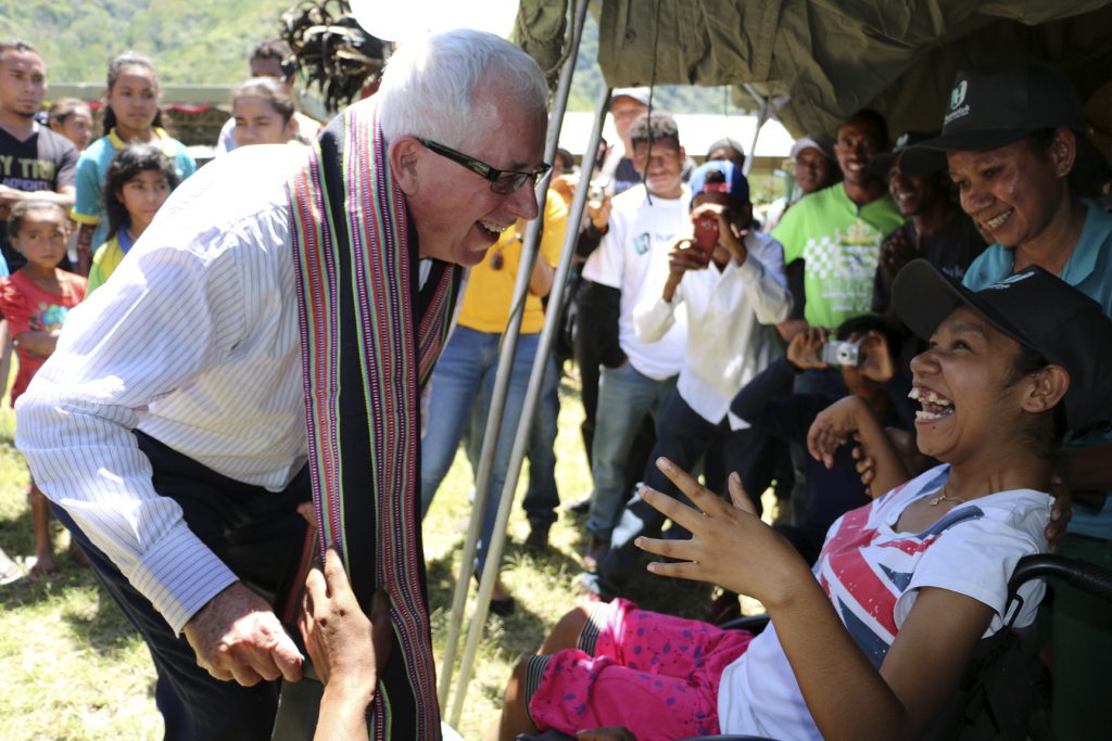 Ambassador to Timor-Leste Peter Doyle launching Hamutuk, a nutrition program, with representatives of project partners from Timor-Leste's disability advocacy group Ra'es Hadomi Timor Oan. [DFAT/Arlindo Dos Santo]