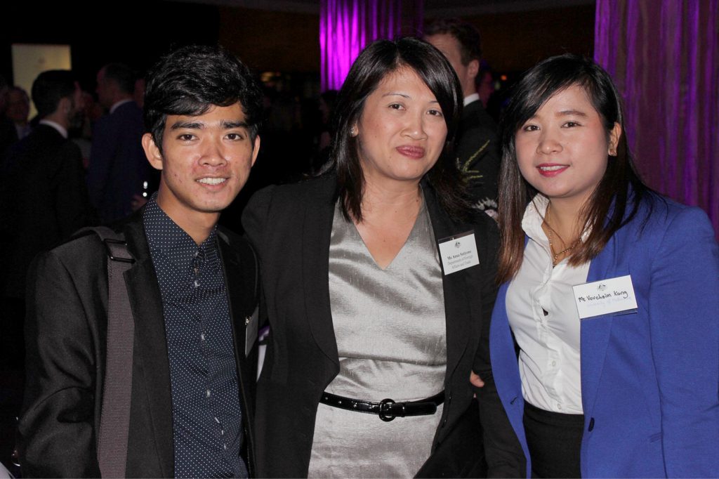 DFAT officer Anna Sutiyono with Australia Awards Scholars Ratana Chan and Vouchaim Kong at a Global Heads of Mission Meeting reception. [DFAT/Lavin Mills]
