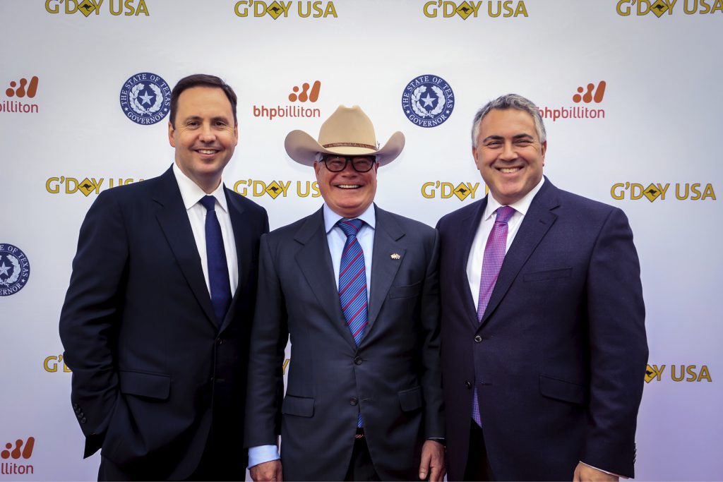 Minister for Trade, Tourism and Investment Steven Ciobo, Consul-General Houston Alastair Walton and Ambassador to the United States Joe Hockey at the G’Day USA Great Australia–Texas BBQ. [DFAT]