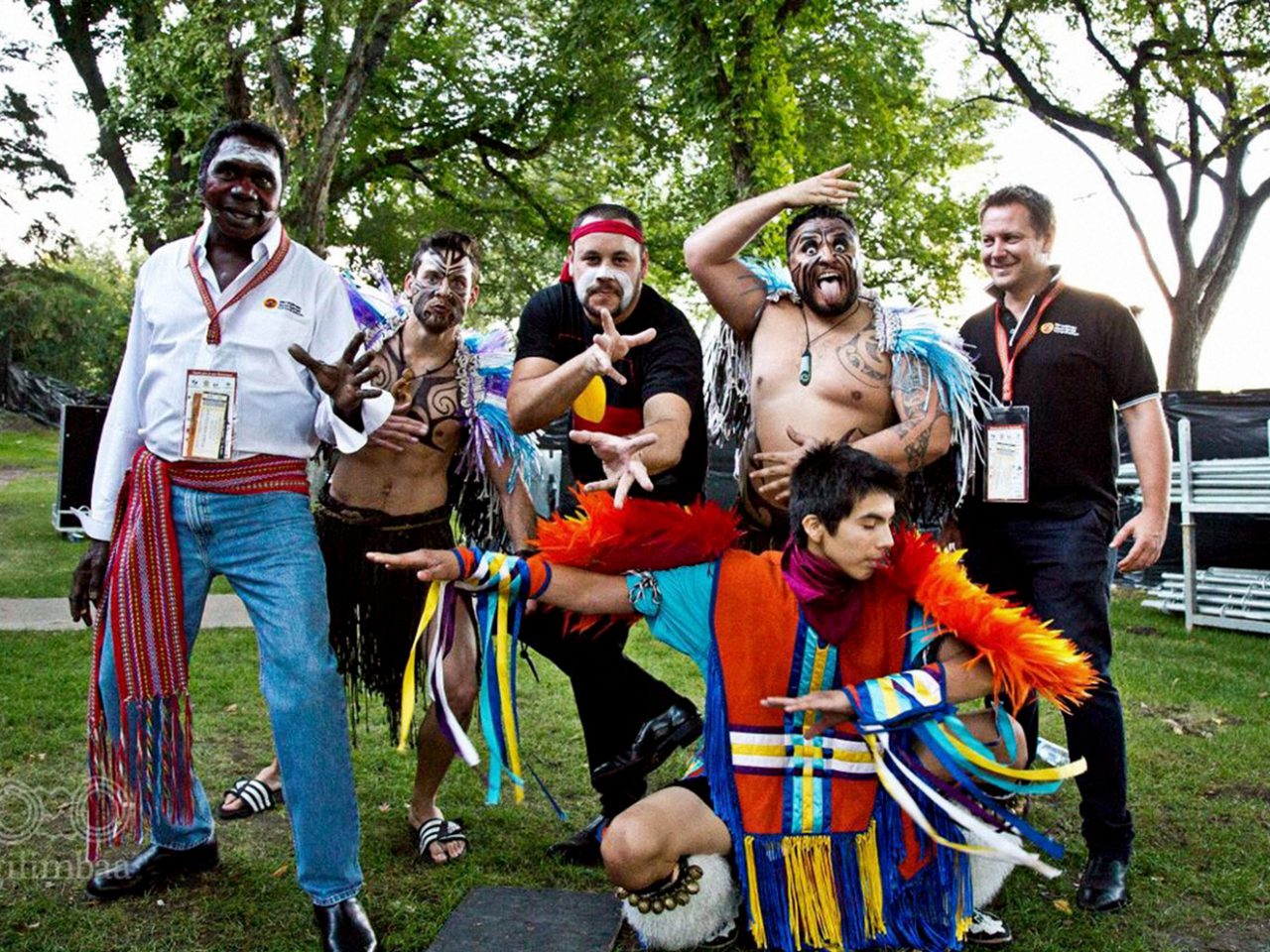 Wityana Marika from Indigenous Australian band Yothu Yindi performing alongside other Indigenous leaders and performers at the 2016 World Indigenous Business Forum in Saskatoon, Canada. [DFAT/Sheena Graham]