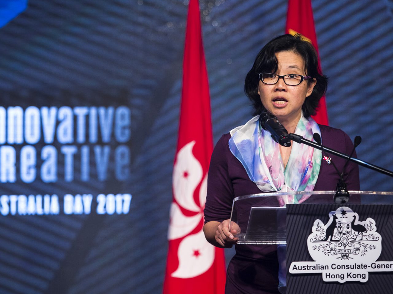Acting Consul-General to Hong Kong Janaline Oh delivering an Australia Day speech. [DFAT]