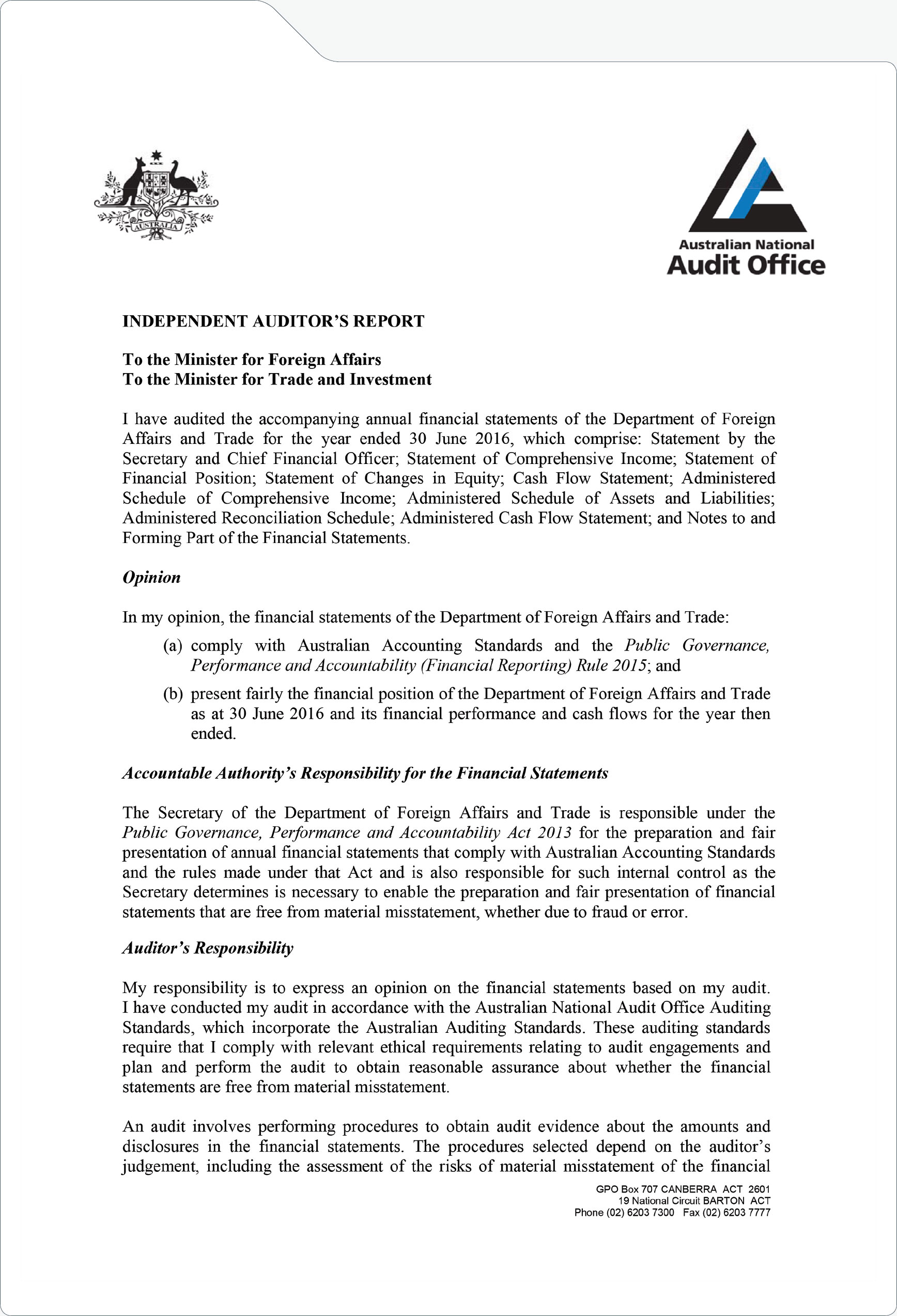 Independent auditor’s report Department of Foreign Affairs and Trade