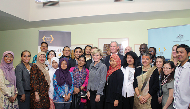 Foreign Minister Julie Bishop and former Tourism and International Education Minister Richard Colbeck attending the launch of the Australia Global Alumni Engagement Strategy in Launceston. [DEPARTMENT OF EDUCATION AND TRAINING/Chris Crerar]