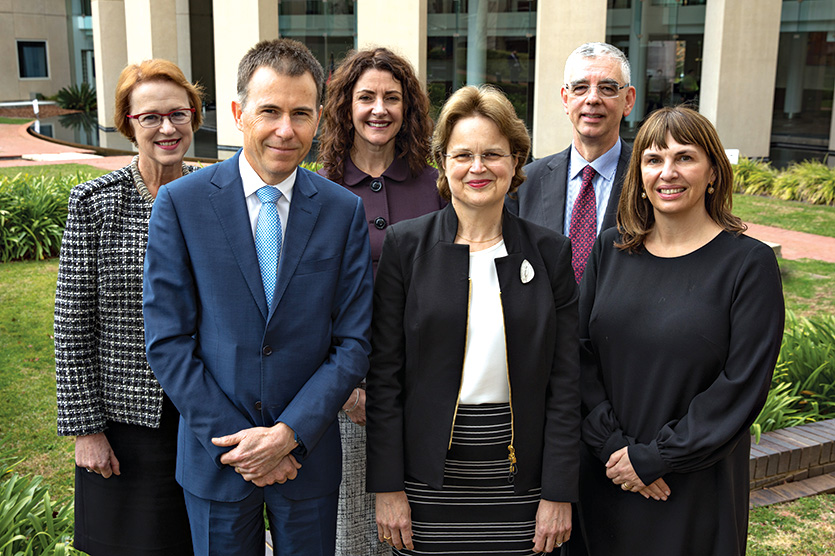 The executive, Department of Foreign Affairs and Trade. (L. to R.) Deputy Secretaries Caroline Millar, Richard Maude and Clare Walsh, Secretary Frances Adamson, Deputy Secretaries Christopher Langman and Penny Williams PSM