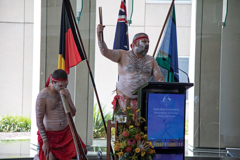 Aboriginal dancers from Wiradjuri Echoes performing at the launch of the Reconciliation Space in the R.G. Casey Building