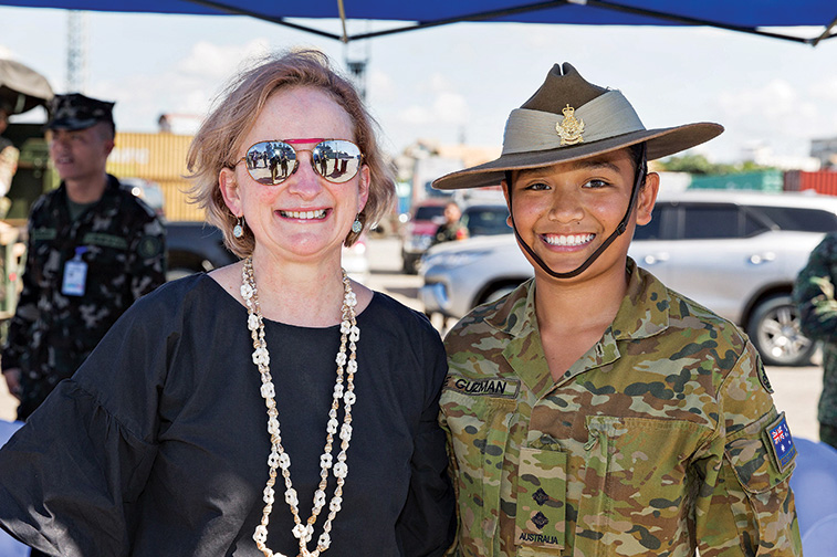 Australia’s Ambassador to the Philippines, Amanda Gorley, with Australian Army officer, Lieutenant Ewy De Guzman, at the arrival ceremony of HMA Ships Larrakia and Maitland at Zamboanga, Philippines