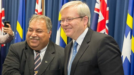 Hon Kevin Rudd MP shaking hands with His Excellency, Baron Waqa MP, President of Nauru