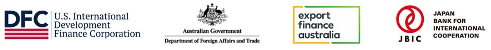 Logos of the US International Development Finance Corporation (DFC), Japan Bank for International Cooperation (JBIC), and Australia’s Department of Foreign Affairs and Trade (DFAT) and Export Finance Australia (EFA).