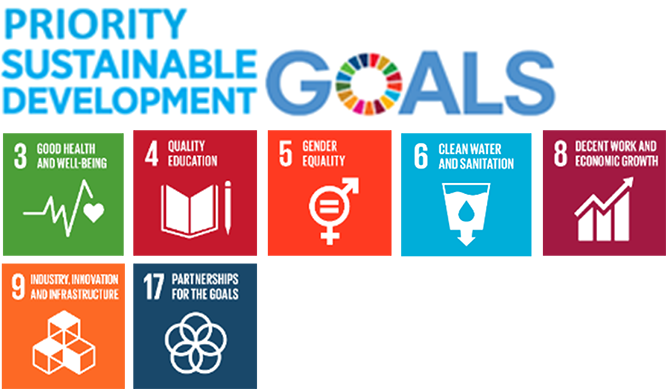 Priority Sustainable Development Goals
Sustainable Development Goal 3, Good Health and Wellbeing.
Sustainable Development Goal 4, Quality Education. 
Sustainable Development Goal 5, Gender Equality.
Sustainable Development Goal 6, Clean Water and Sanitation.
Sustainable Development Goal 8, Decent Work and Economic Growth.
Sustainable Development Goal 9, Industry, Innovation and Infrastructure.
Sustainable Development Goal 17, Partnerships for the goals. 