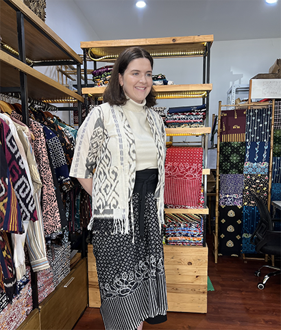 Person wearing traditional Indonesian Batik made by artists from UNESCO's Kita Muda Kreatif program in Yogyakarta, Indonesia