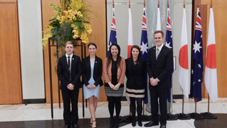 Mr Jason Emmanuelle, the 2014 Kishi Fellow, Ms Kimberley Evans, Tranche 1 mobility grant recipient, Ms Caroline Yun, 2014 Scholarship recipient and Ms Ella Ward and Mr Jack Baker Tranche 1 mobility grant recipients.