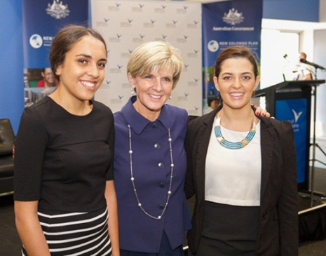 Minister Bishop with NCP 2014 scholar Jasmin Hammond (left) and 2015 scholar Charlee Law.
