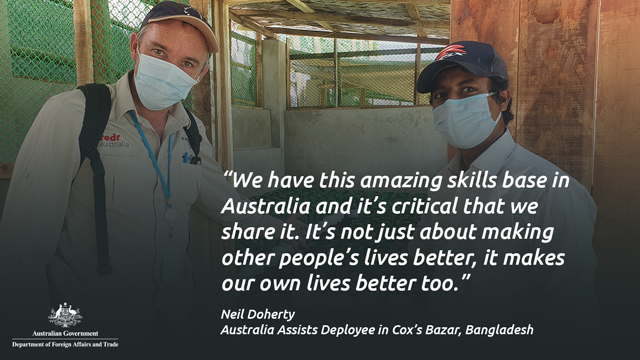 Neil Doherty, UNHCR Hydraulic Engineer and his colleague, Mr Mitra, preparing the COVID-19 treatment centre in Cox’s Bazar, Bangladesh. Photo credit: Neil Doherty, RedR Australia