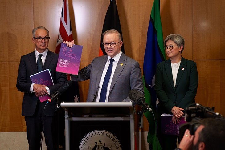 Prime Minister Anthony Albanese with Foreign Minister Penny Wong and Special Envoy for Southeast Asia Mr Nicholas Moore AO..