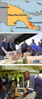 map and two images of people unloading supplies