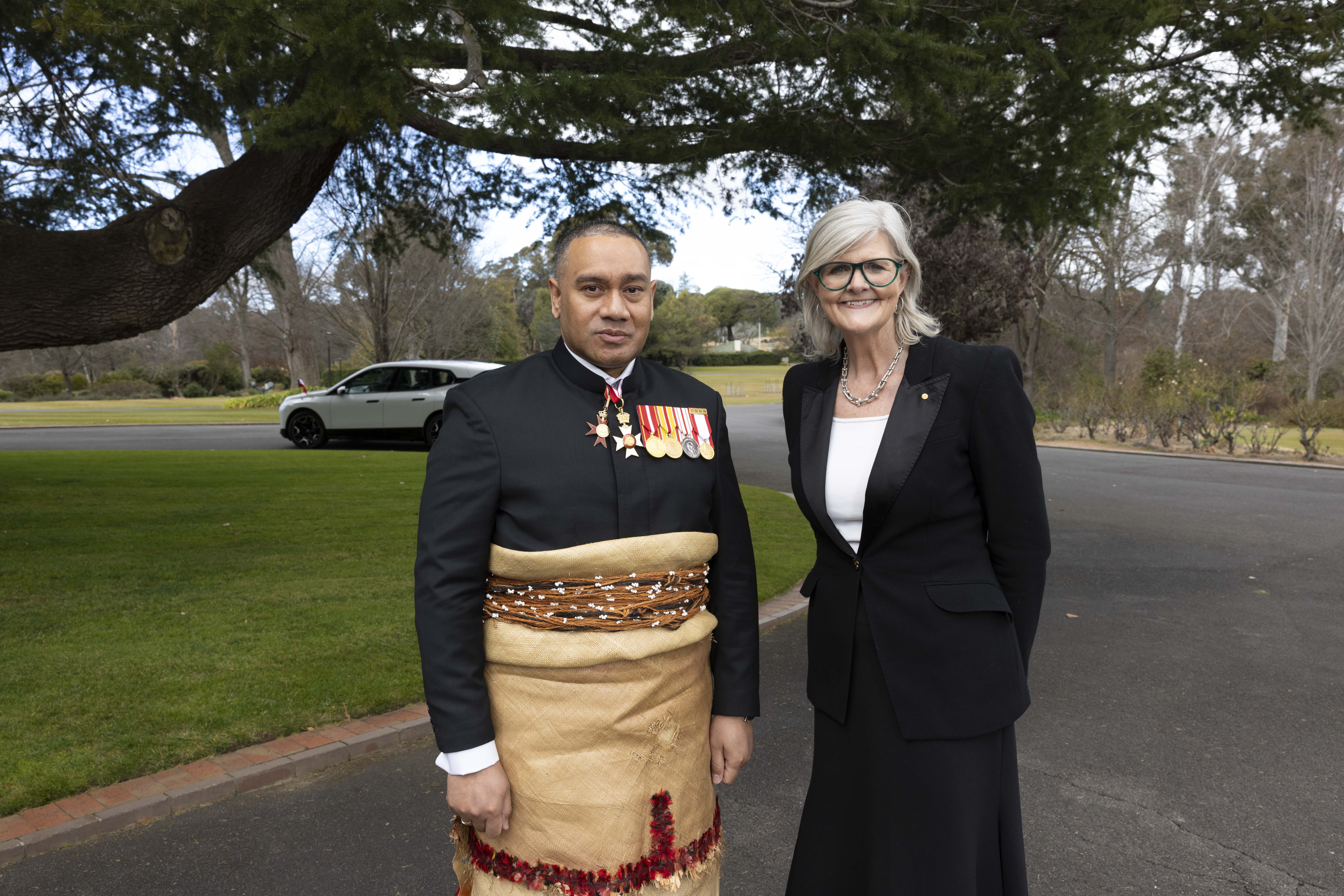 Image of His Excellency Mr Curtis TU’IHALANGINGIE, High Commissioner for Tonga and the Governor-General of Australia Ms Sam Mostyn AC.