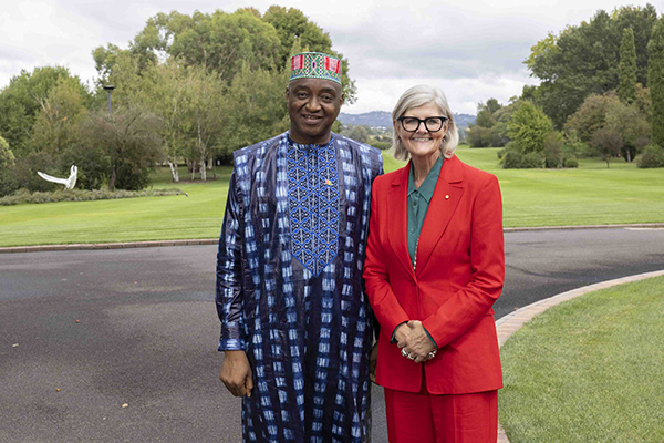 His Excellency Mr Moussa Fanta CAMARA, Ambassador of the Republic of Guinea and the The Governor-General of the Commonwealth of Australia is Her Excellency the Honourable Ms Sam Mostyn AC.