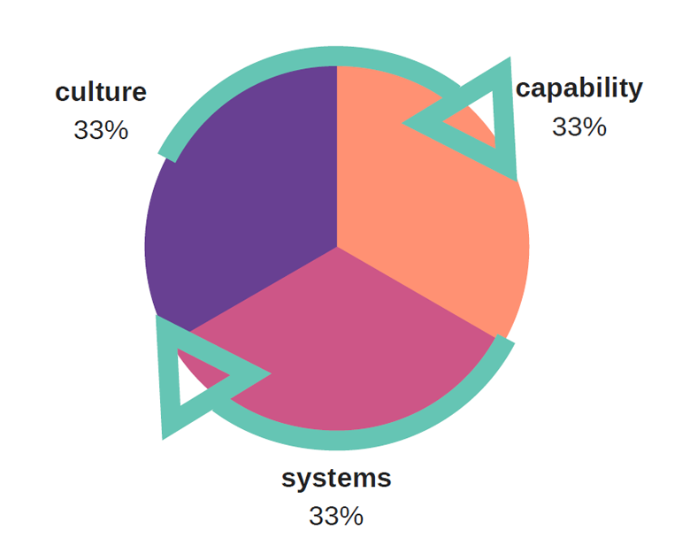 A pie chart split into three equal sections. Capability = 33 per cent; Systems = 33 per cent; Culture = 33 per cent.