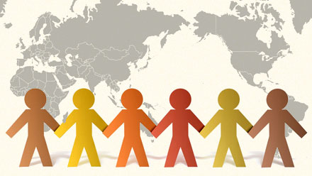 Graphic of five people holding hands in front of a world map