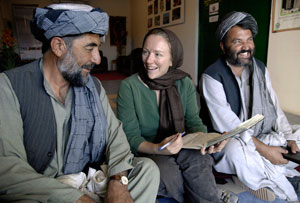 Development Adviser Kathryn Elliott discusses projects for improving water manageement in Afghanistan with Engineers  Kabir and Hashim