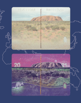 The illustrations show two images of the centre pages of the R Series passport.  The first image shows Uluru illustrated in true colour with a small map of the Northern Territory in the bottom right hand corner. The second image shows this illustration under ultraviolet light, revealing a unique night-time skyscape with a kangaroo in the foreground. These images are on a background of a map of the world.