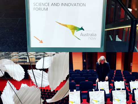 Collage of photos from a theatre with Australia now logos displayed.