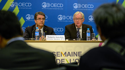 Australian Minister for Trade and Investment, at the Trade Ministers Press Conference with Roberto Azevedo, Director-General World Trade Organisation, in the OECD building, Paris.