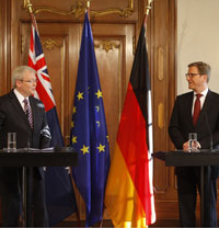 Photo of Mr Rudd and his German counterpart Dr Westerwelle at a joint press conference in Berlin