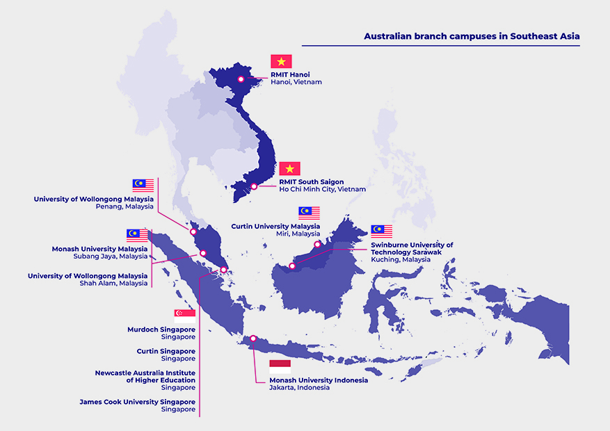 Map of Australian branch campuses in Southeast Asia.