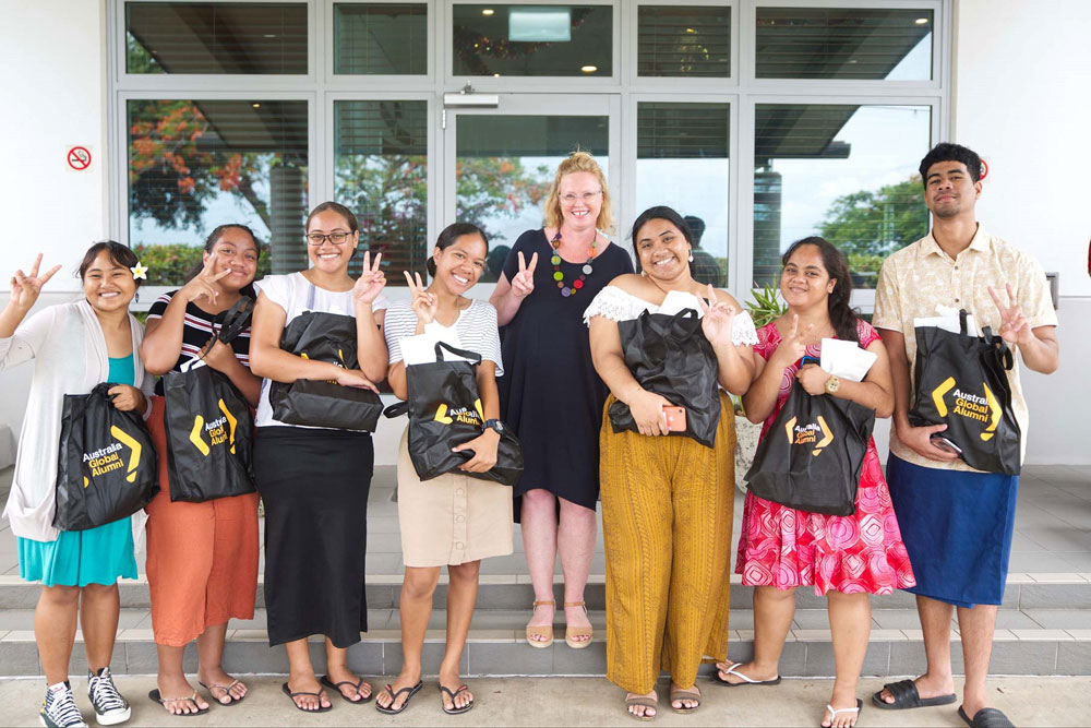 Group photo of Australia Awards scholarship recipients with Australian High Commissioner Emily Luck.