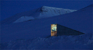 Concrete entrance to seed vault surrounded by deep snow