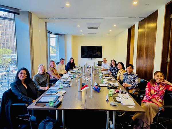 Wide view of boardroom meeting with participants seated around a long table, small flags, notebooks, and glasses visible, large windows showing city buildings outside.