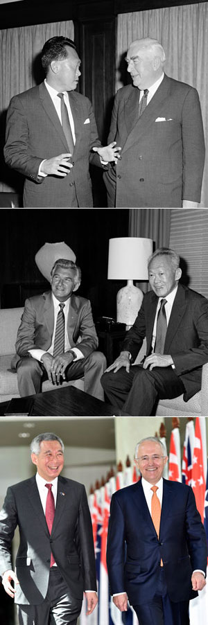Three photos of Singaporean and Australian Prime Ministers. See caption below.