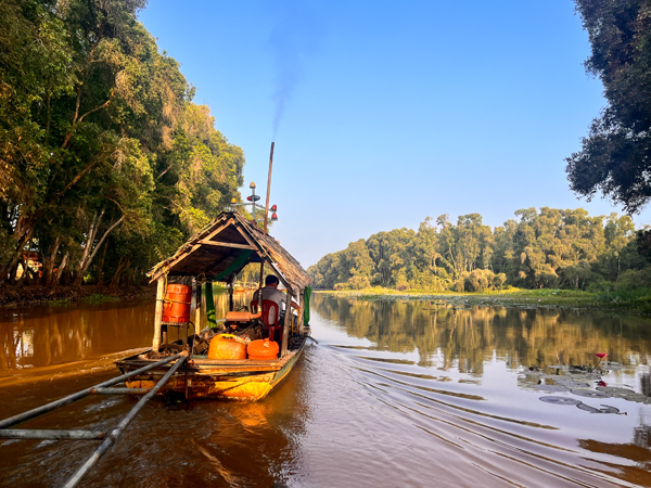 Small riverboat travels along a forest-lined waterway.