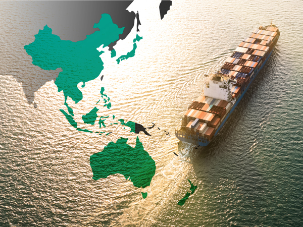 Container ship at sea beside a map of Australia, Southeast Asia and East Asia.